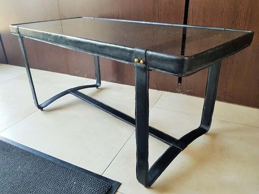 French Leather and Smoked Glass Coffee Table by Jacques Adnet, 1950s-POM-730338