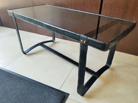 French Leather and Smoked Glass Coffee Table by Jacques Adnet, 1950s-POM-730338