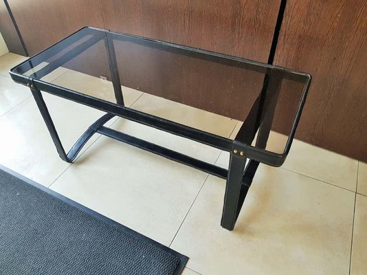 French Leather and Smoked Glass Coffee Table by Jacques Adnet, 1950s-POM-730338