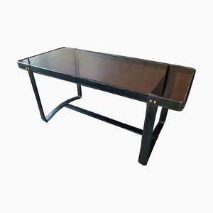 French Leather and Smoked Glass Coffee Table by Jacques Adnet, 1950s-POM-730338