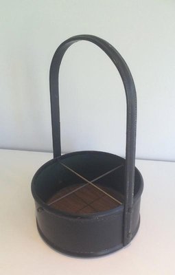 French Leather & Wood Bottle-Holder in Style of Jacques Adnet, 1950s-BA-658709