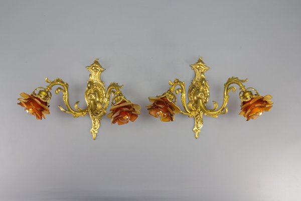 French Louis XV Style Bronze and Brown Glass Sconces, 1890s, Set of 2-KEG-1734561