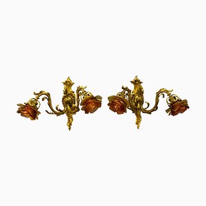 French Louis XV Style Bronze and Brown Glass Sconces, 1890s, Set of 2-KEG-1734561