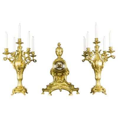 French Louis XV Style Garniture Clock Set in Bronze, Set of 3-KEG-1086620