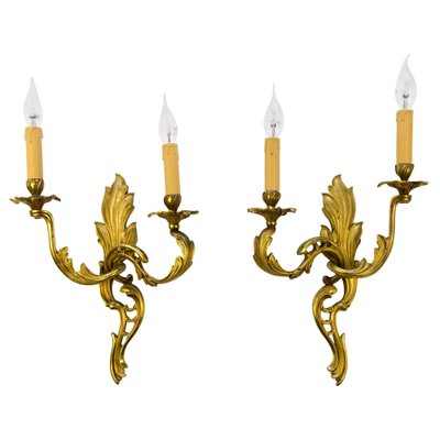 French Louis XV Style Two-Light Bronze Sconces, Set of 2-KEG-1086632