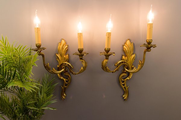 French Louis XV Style Two-Light Bronze Sconces, Set of 2-KEG-1086632