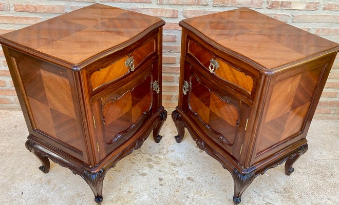 French Louis XV Style Walnut & Marquetry Bedside Tables, Set of 2-NOU-1210444