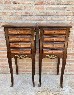 French Louis XV Tulipwood Veneer Bedside Tables or Nightstands, Set of 2-NOU-1137394