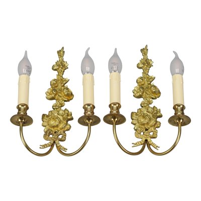 French Louis XVI Style 2-Light Gilt Bronze and Brass Floral Sconces, Set of 2-KEG-1192991