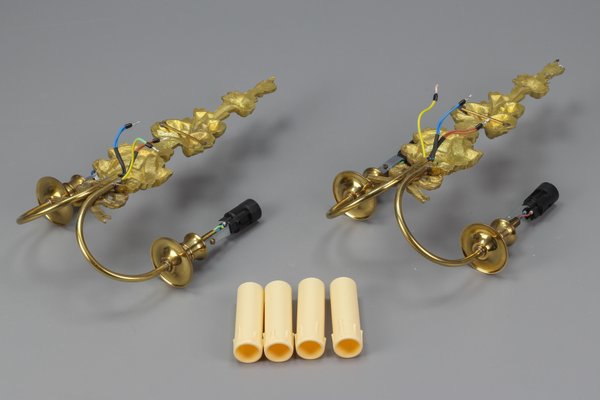 French Louis XVI Style 2-Light Gilt Bronze and Brass Floral Sconces, Set of 2-KEG-1192991