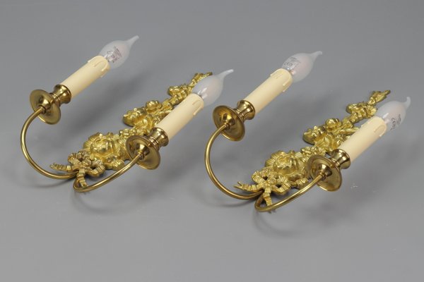 French Louis XVI Style 2-Light Gilt Bronze and Brass Floral Sconces, Set of 2-KEG-1192991