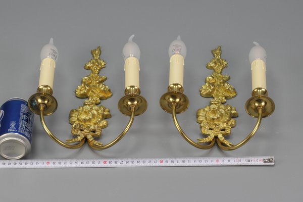 French Louis XVI Style 2-Light Gilt Bronze and Brass Floral Sconces, Set of 2-KEG-1192991