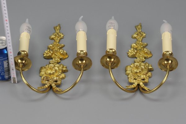 French Louis XVI Style 2-Light Gilt Bronze and Brass Floral Sconces, Set of 2-KEG-1192991