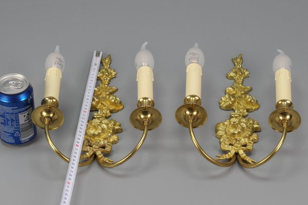 French Louis XVI Style 2-Light Gilt Bronze and Brass Floral Sconces, Set of 2-KEG-1192991