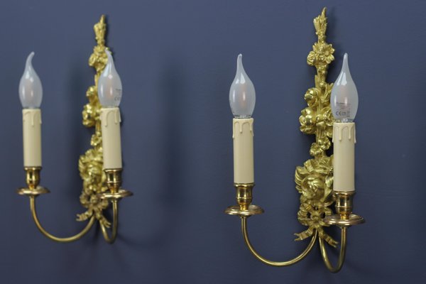 French Louis XVI Style 2-Light Gilt Bronze and Brass Floral Sconces, Set of 2-KEG-1192991