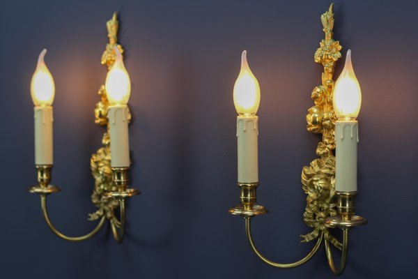 French Louis XVI Style 2-Light Gilt Bronze and Brass Floral Sconces, Set of 2-KEG-1192991