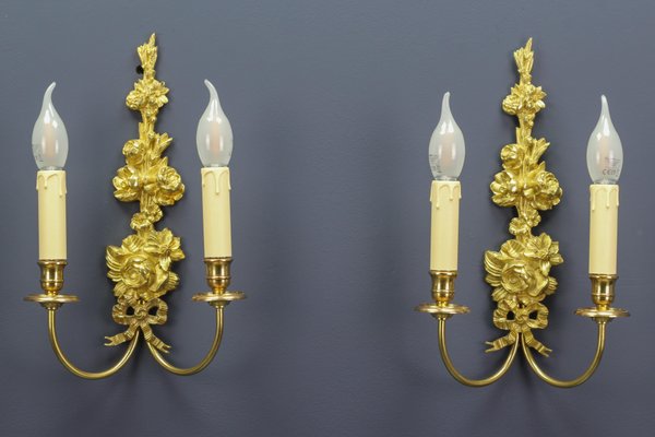 French Louis XVI Style 2-Light Gilt Bronze and Brass Floral Sconces, Set of 2-KEG-1192991