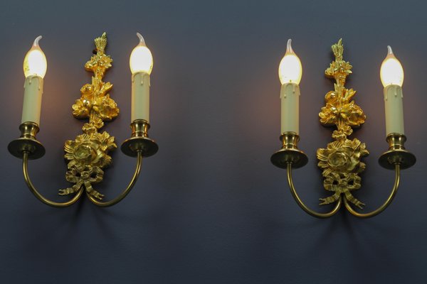 French Louis XVI Style 2-Light Gilt Bronze and Brass Floral Sconces, Set of 2-KEG-1192991