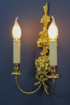 French Louis XVI Style 2-Light Gilt Bronze and Brass Floral Sconces, Set of 2-KEG-1192991