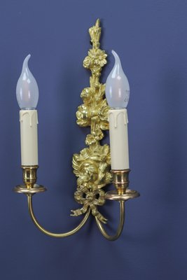 French Louis XVI Style 2-Light Gilt Bronze and Brass Floral Sconces, Set of 2-KEG-1192991