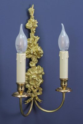 French Louis XVI Style 2-Light Gilt Bronze and Brass Floral Sconces, Set of 2-KEG-1192991