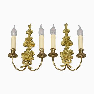 French Louis XVI Style 2-Light Gilt Bronze and Brass Floral Sconces, Set of 2-KEG-1192991