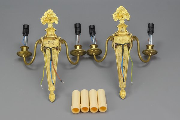 French Louis XVI Style 2-Light Gilt Bronze and Brass Sconces, Set of 2-KEG-1192993