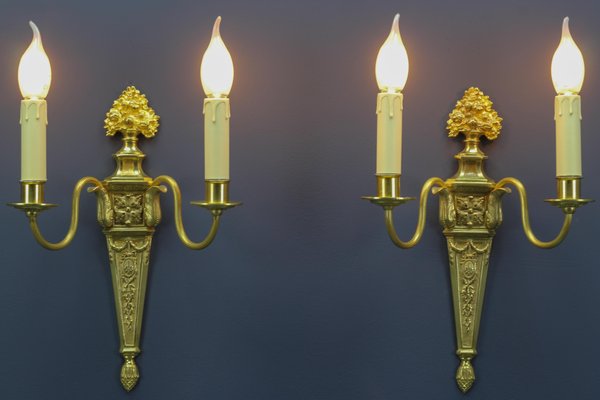 French Louis XVI Style 2-Light Gilt Bronze and Brass Sconces, Set of 2-KEG-1192993