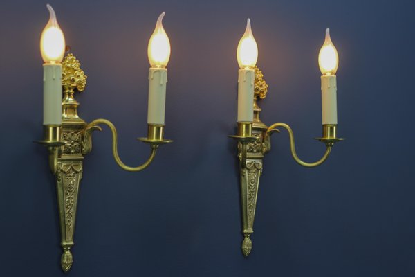 French Louis XVI Style 2-Light Gilt Bronze and Brass Sconces, Set of 2-KEG-1192993