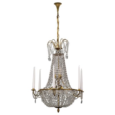 French Louis XVI Style Brass and Crystal Basket 9-Light Chandelier-KEG-1192989