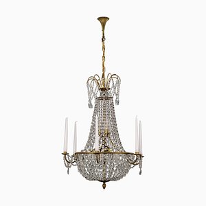 French Louis XVI Style Brass and Crystal Basket 9-Light Chandelier-KEG-1192989