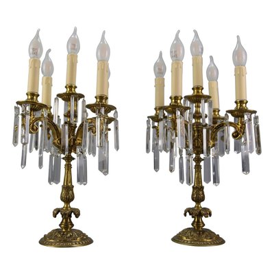 French Louis XVI Style Bronze and Crystal Candelabra Table Lamps, Set of 2-KEG-1179941