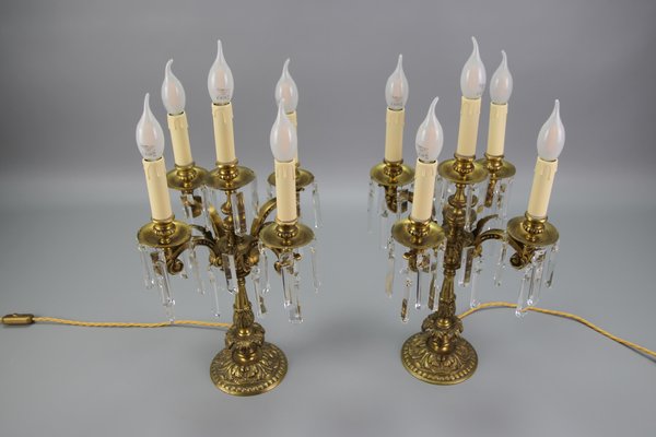 French Louis XVI Style Bronze and Crystal Candelabra Table Lamps, Set of 2-KEG-1179941