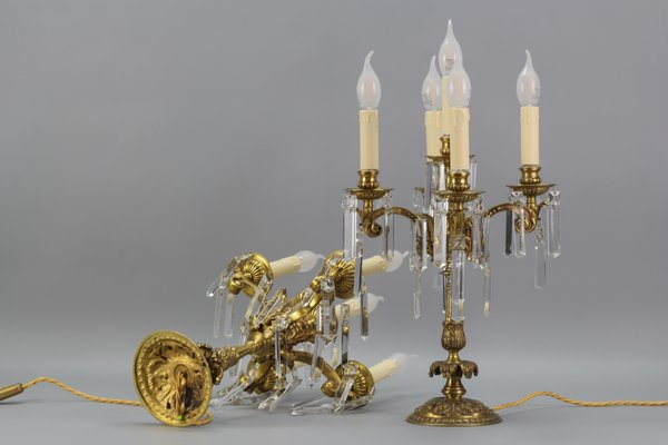 French Louis XVI Style Bronze and Crystal Candelabra Table Lamps, Set of 2-KEG-1179941