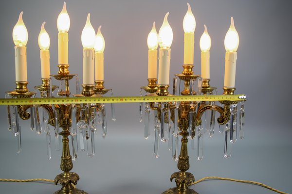 French Louis XVI Style Bronze and Crystal Candelabra Table Lamps, Set of 2-KEG-1179941