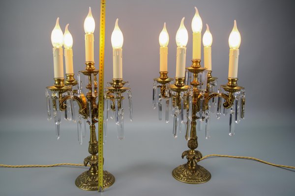 French Louis XVI Style Bronze and Crystal Candelabra Table Lamps, Set of 2-KEG-1179941