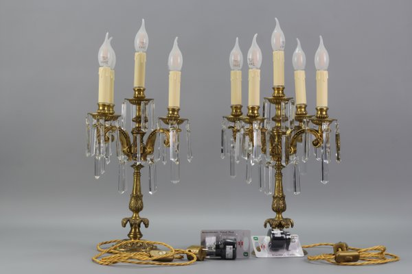 French Louis XVI Style Bronze and Crystal Candelabra Table Lamps, Set of 2-KEG-1179941