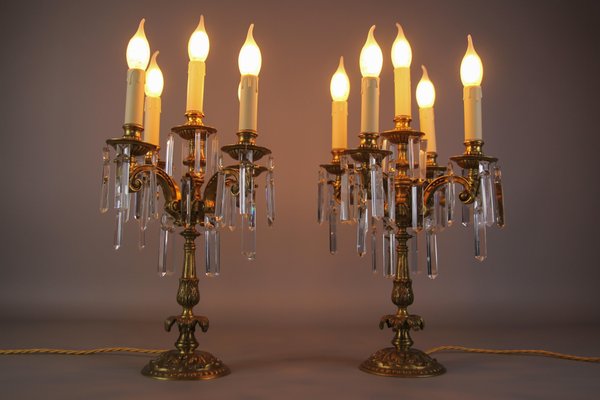 French Louis XVI Style Bronze and Crystal Candelabra Table Lamps, Set of 2-KEG-1179941