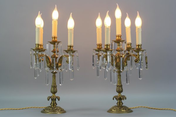 French Louis XVI Style Bronze and Crystal Candelabra Table Lamps, Set of 2-KEG-1179941