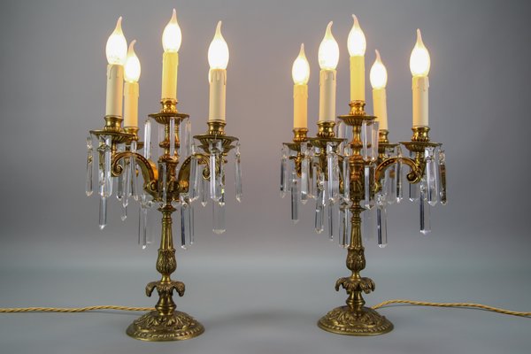 French Louis XVI Style Bronze and Crystal Candelabra Table Lamps, Set of 2-KEG-1179941