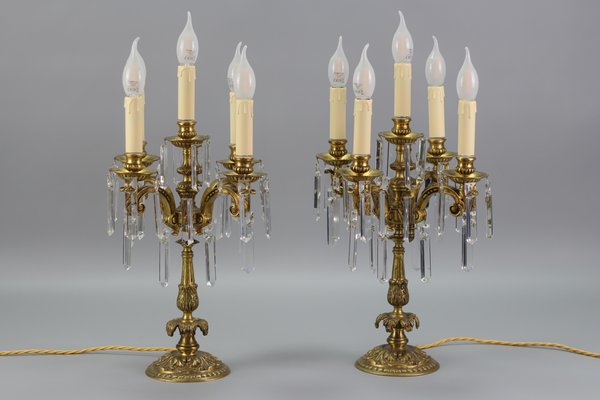 French Louis XVI Style Bronze and Crystal Candelabra Table Lamps, Set of 2-KEG-1179941