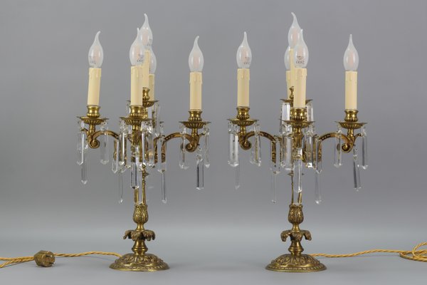 French Louis XVI Style Bronze and Crystal Candelabra Table Lamps, Set of 2-KEG-1179941