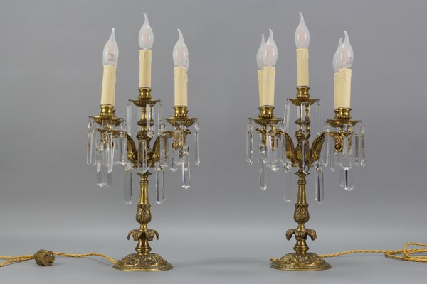 French Louis XVI Style Bronze and Crystal Candelabra Table Lamps, Set of 2-KEG-1179941