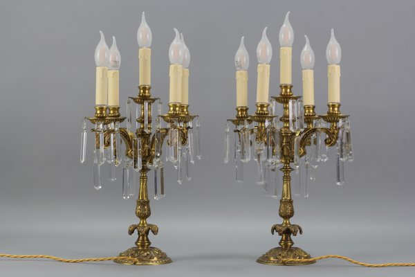 French Louis XVI Style Bronze and Crystal Candelabra Table Lamps, Set of 2-KEG-1179941