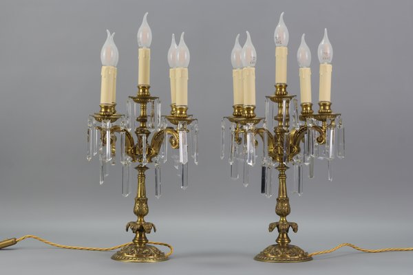 French Louis XVI Style Bronze and Crystal Candelabra Table Lamps, Set of 2-KEG-1179941