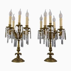 French Louis XVI Style Bronze and Crystal Candelabra Table Lamps, Set of 2-KEG-1179941