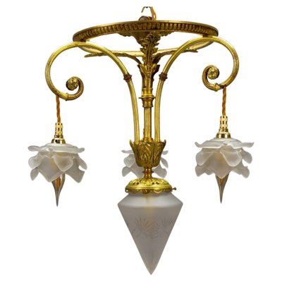 French Louis XVI Style Bronze and Frosted Glass Four-Light Pendant Chandelier, 1920s-KEG-1804926