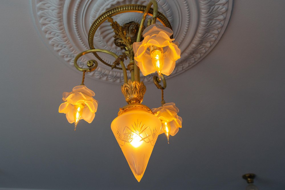 French Louis XVI Style Bronze and Frosted Glass Four-Light Pendant Chandelier, 1920s