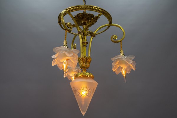 French Louis XVI Style Bronze and Frosted Glass Four-Light Pendant Chandelier, 1920s-KEG-1804926