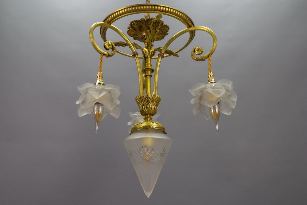 French Louis XVI Style Bronze and Frosted Glass Four-Light Pendant Chandelier, 1920s